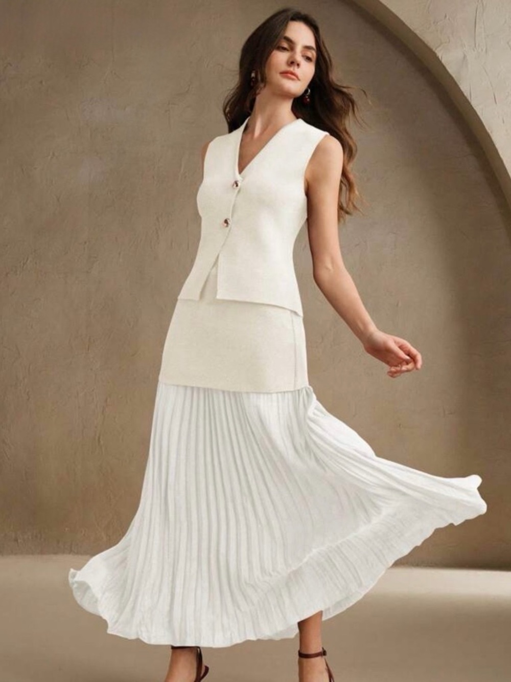 SHEIN Cream Two-Piece Pleated Maxi Dress